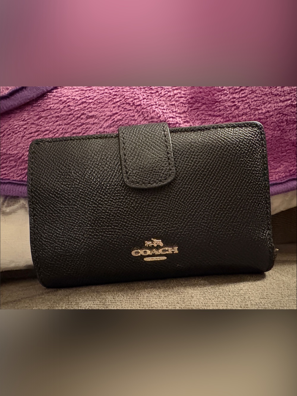Coach Black Pebbled Leather Snap Wallet with Gold Tone Logo